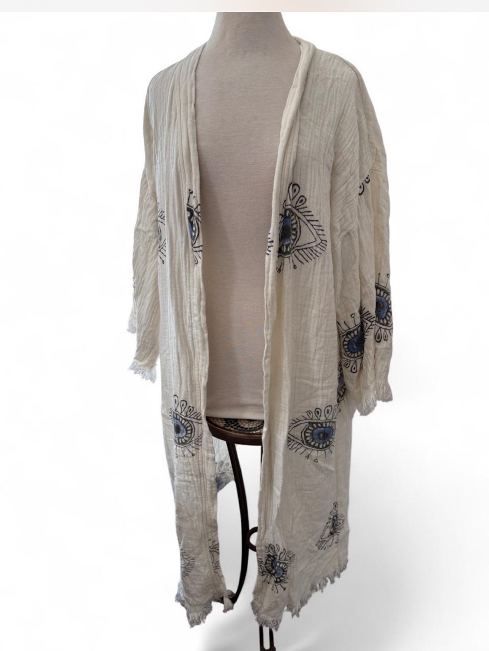 NOHO CANDLE CO Cream Evil Eye Fringed Linen Duster Kimono Coverup OS - Picture 2 of 7